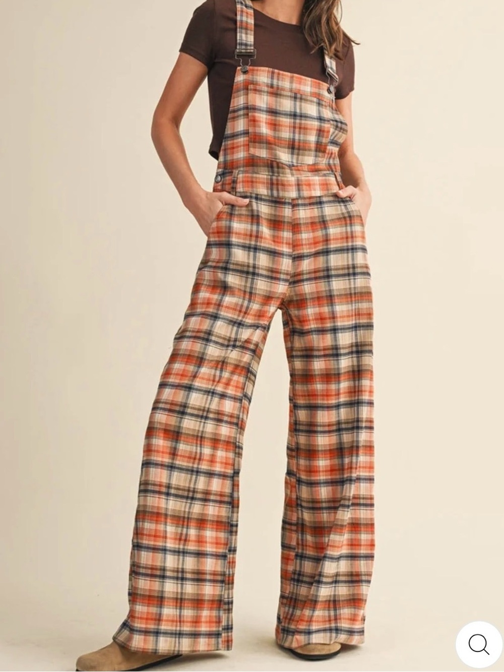 NWT MADEPANTS Wide Leg Plaid Cotton-Blend Overalls in Rust Multi - Sz XS Relaxed